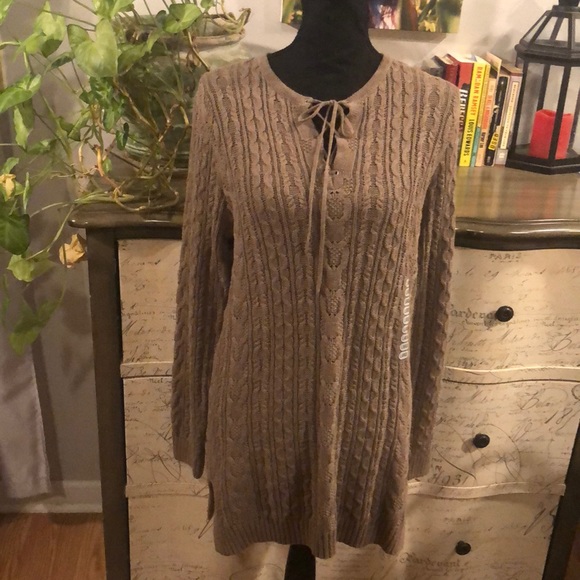 JEANNE PIERRE TUNIC LENGTH TIED FRONT CABLE KNIT SWEATER TAUPE SIZE LARGE NEW - Picture 6 of 11